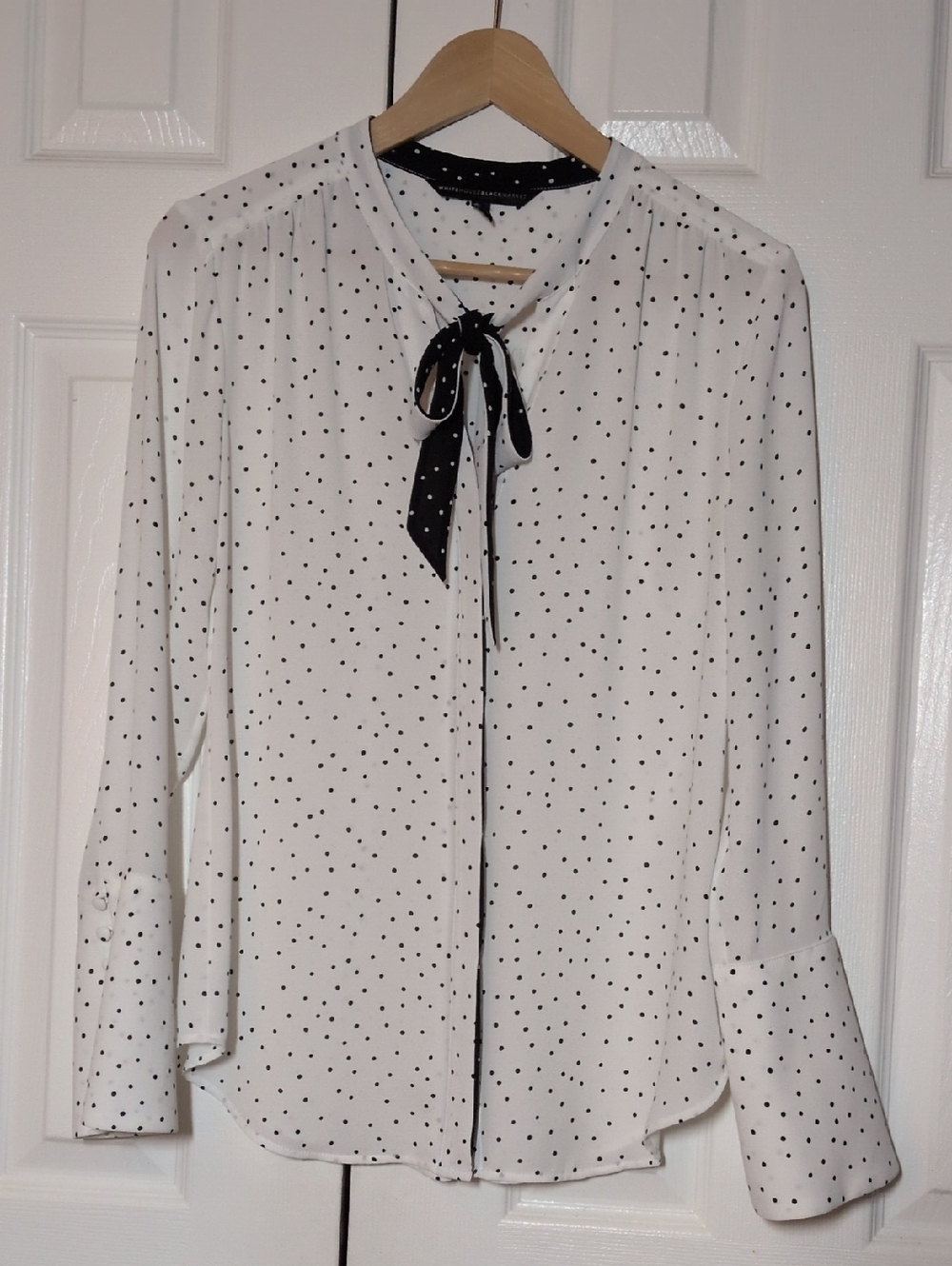 White House Black Market White Blouse with Black Polka Dots and Tie-Neck 4